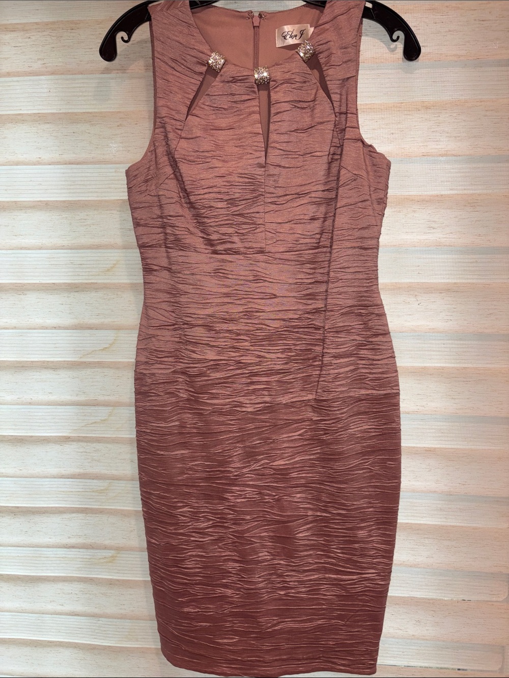 Eliza J Rose Taupe Textured Sheath Dress with Embellished Keyhole